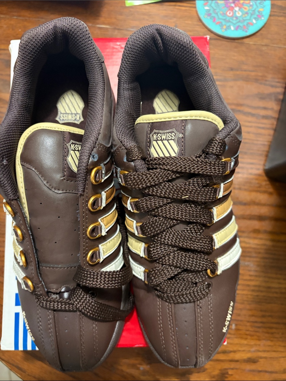 K-Swiss Brown Sneakers with Cream Stripes and Gold Accents